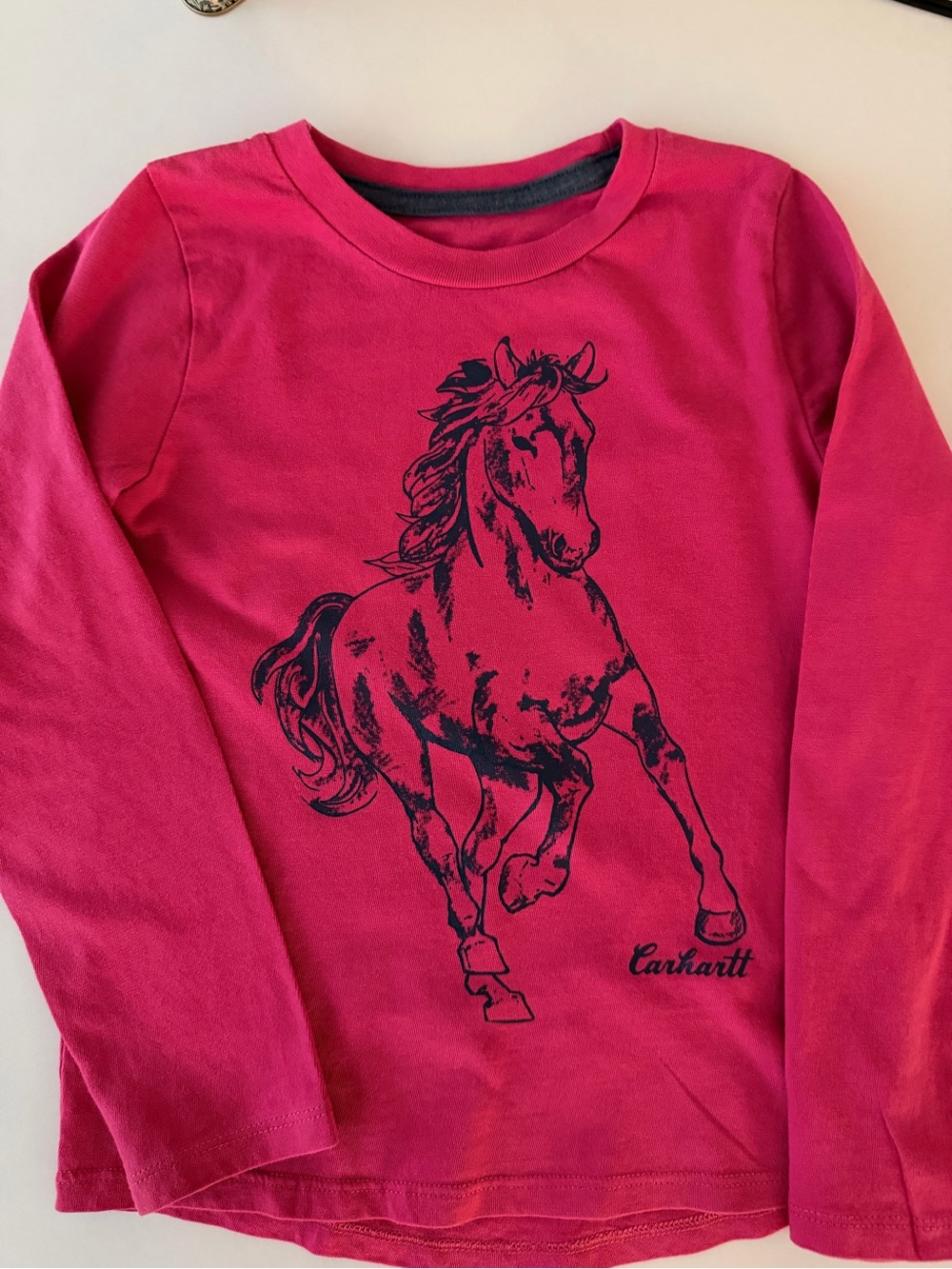 Carhartt Girls' Pink Long-Sleeve Tee with Navy Horse Graphic